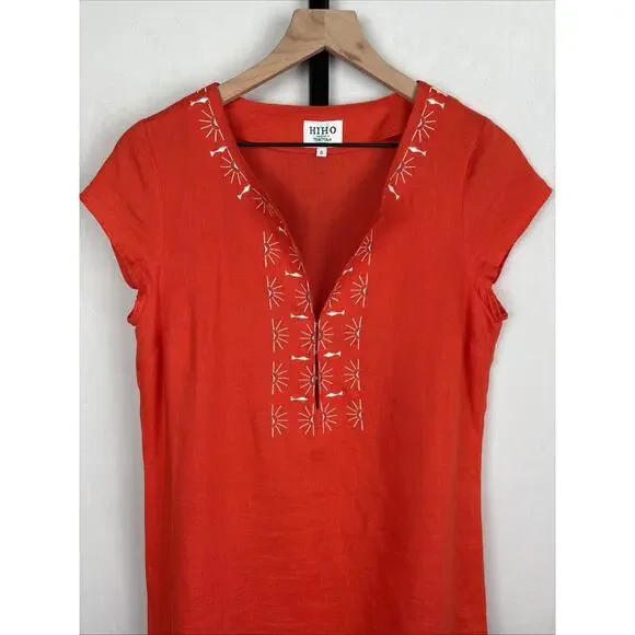 Hiho Tortola BVI Rachel Dress Women’s Small 100% Linen Orange Embroidered Beach - Picture 2 of 8